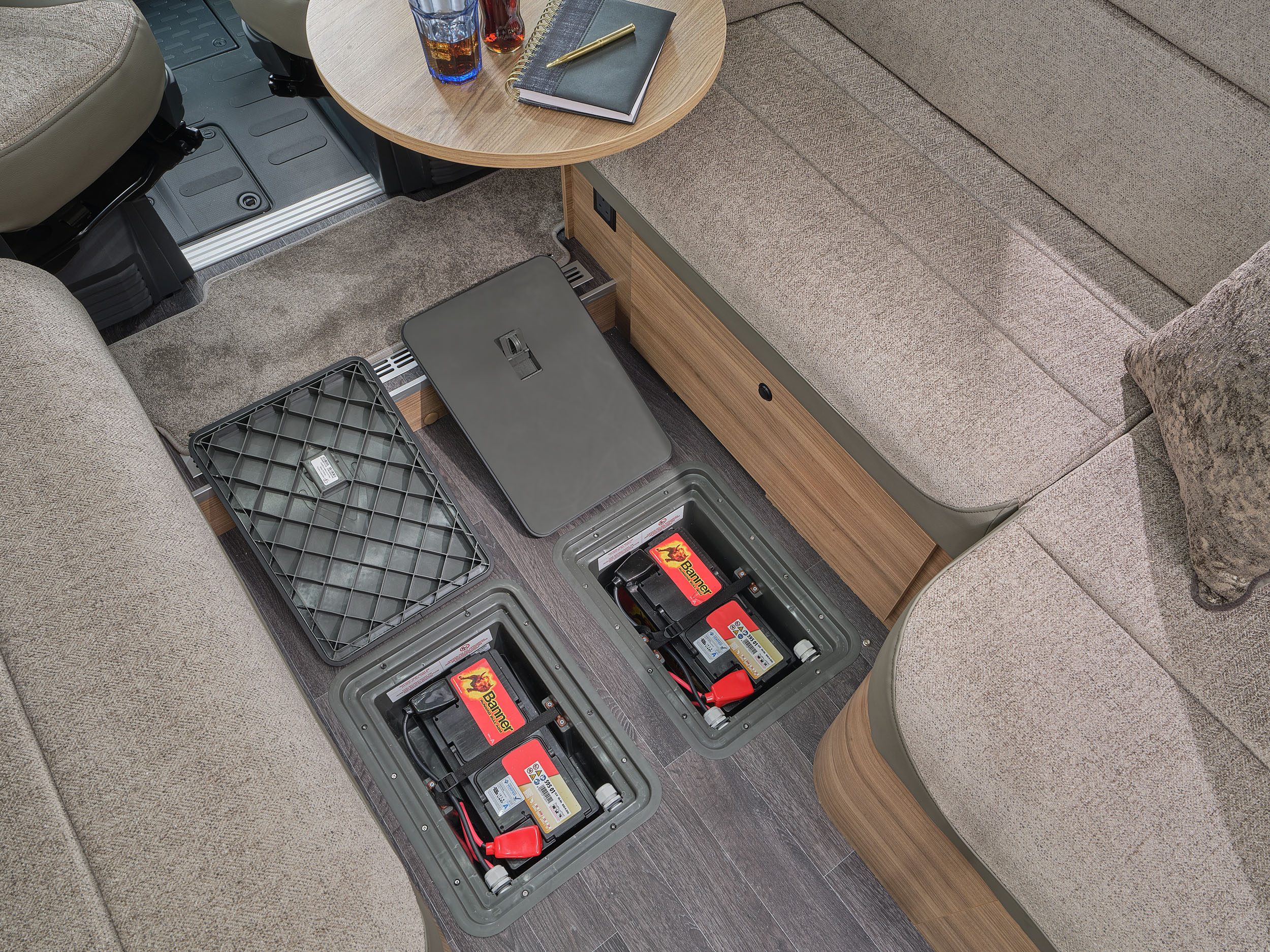 2x 95 Ah AGM leisure batteries with dedicated underfloor storage